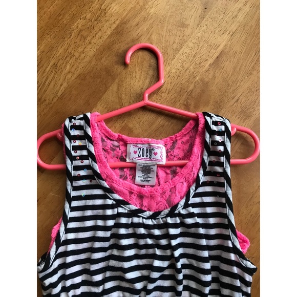 Zoey | Girls Black White & Pink lace Striped Dress - Picture 3 of 4